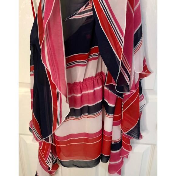 Vince Camuto One Shoulder Flowy Striped Layered Blouse Pink Red Blue Size 4 - Picture 3 of 5